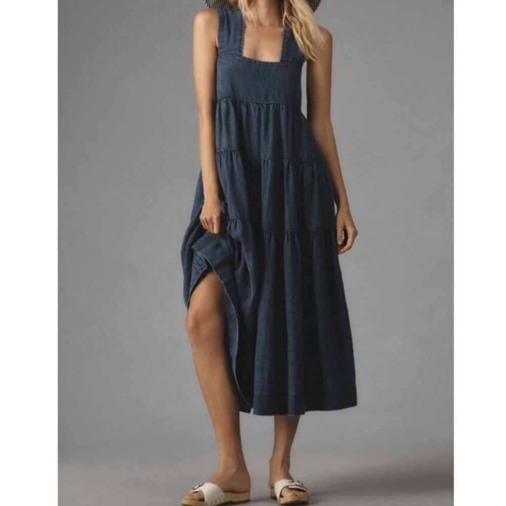 Anthropologie Helena Square Neck Tiered Midi Dress Smocked Denim Blue M - Picture 2 of 15